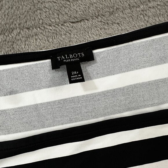 Talbots Blouse 2X 2XL Petite Square Neck Black White Stripe Silky 3/4 Sleeves - Picture 2 of 5